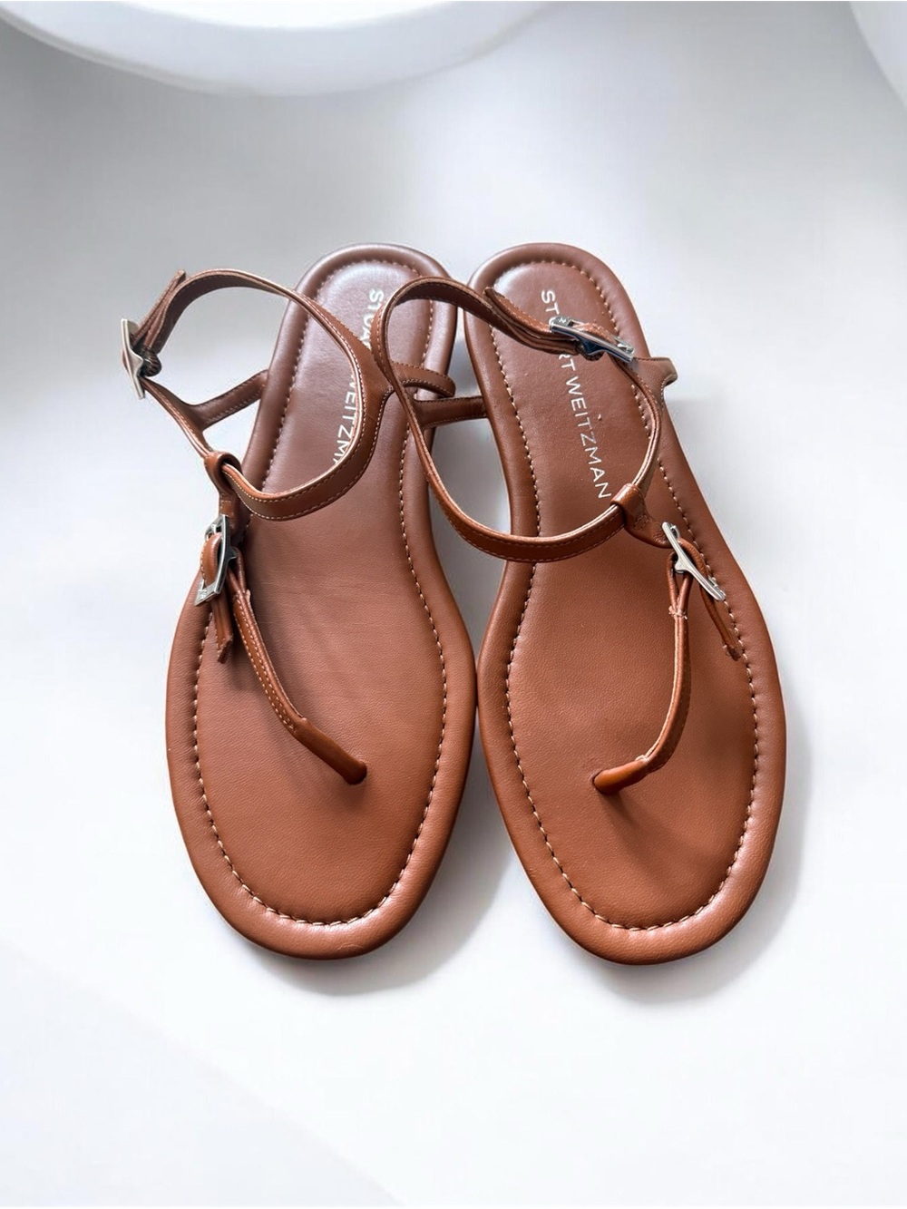 Stuart Weitzman Tan Leather T-Strap Sandals
